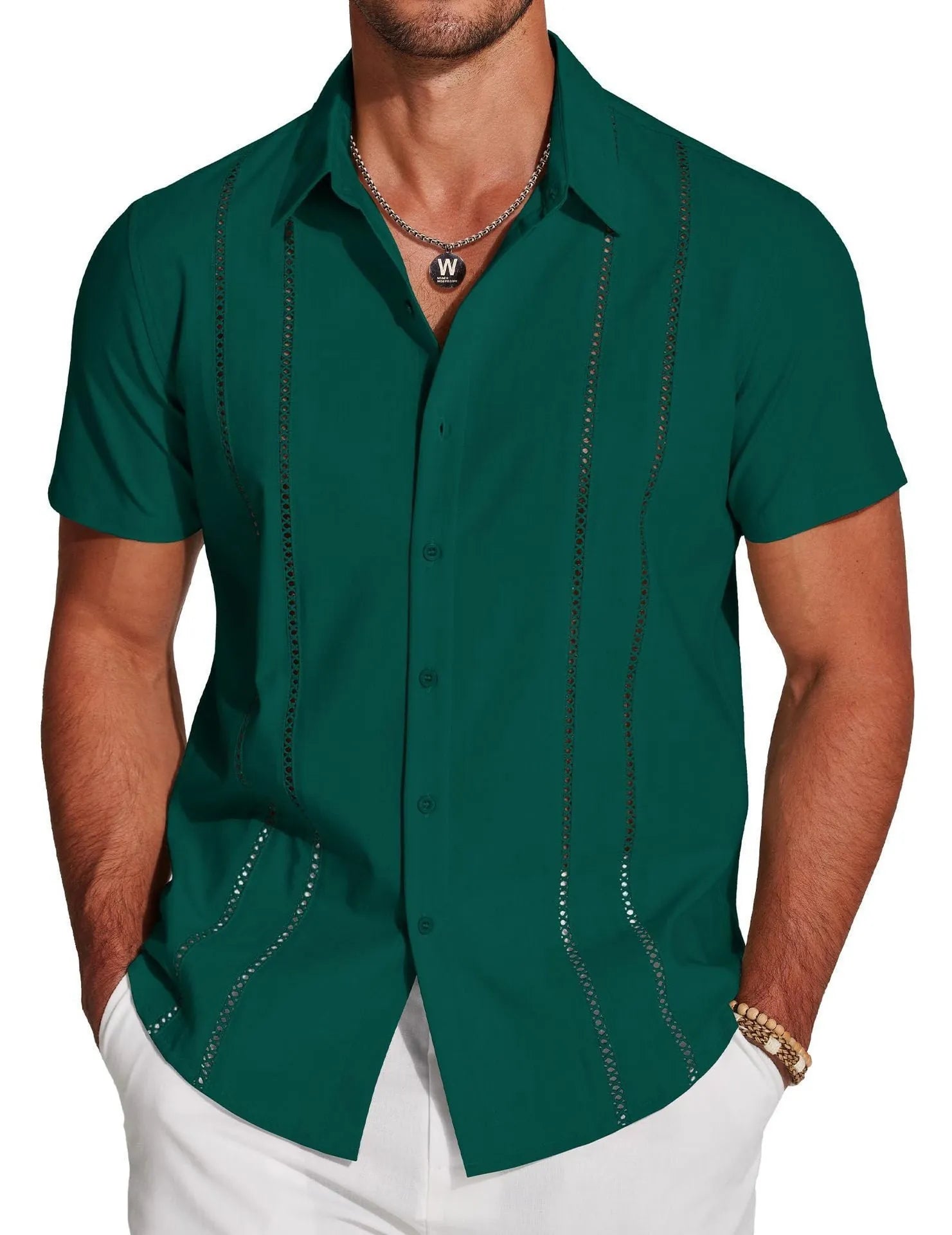 Men's slim-fit elastic Hawaiian shirt with digital print pattern in casual cardigan style