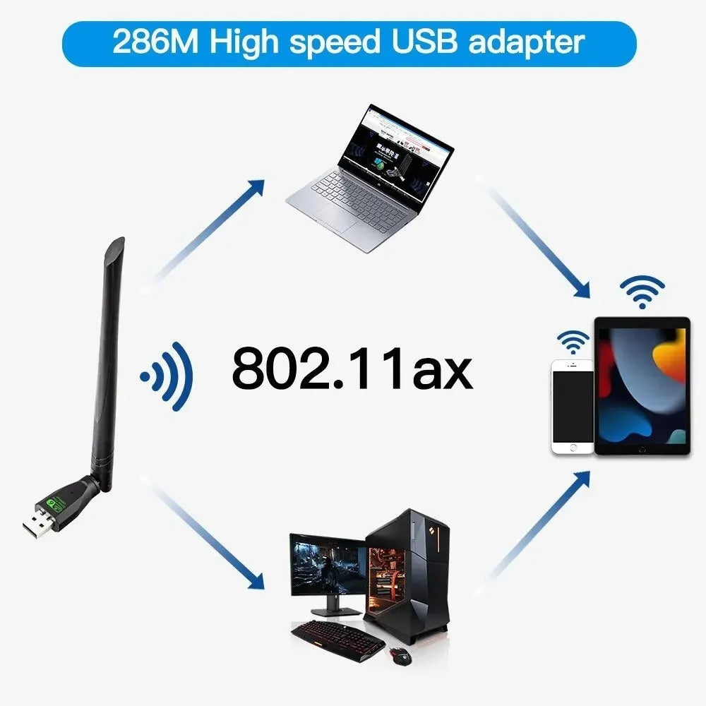 Black USB WiFi 6 wireless network card adapter for PC and laptop dual-band connectivity.