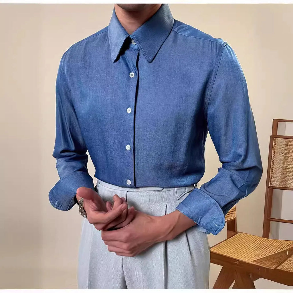 Men's slim fit business shirt with round collar and long sleeves in blue colour options