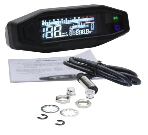 Black motorcycle mini speedometer with LCD display showing speed, mileage, revs, and fuel gauge.