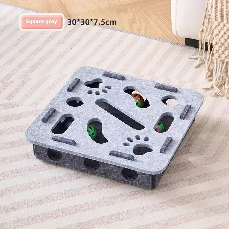 Square felt cat toy box with multiple entry holes for hide-and-seek play
