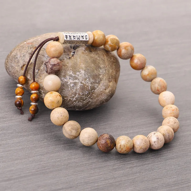 Wood colour stone bead bracelet with original design in retro simple style