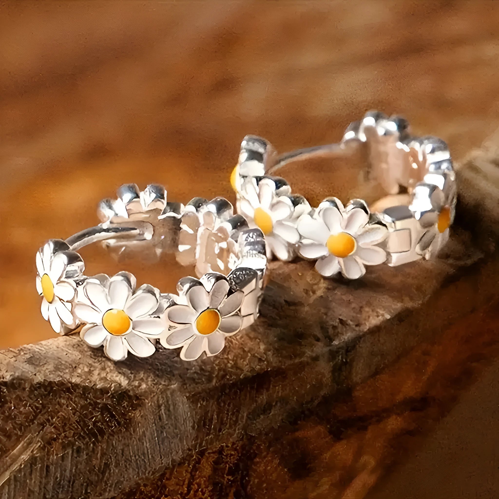 White daisy flower ring earrings with electroplated finish and platinum gem accents on copper