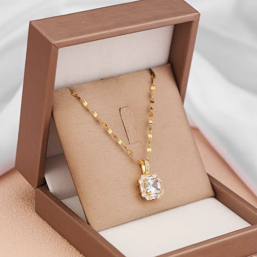 Women's geometric titanium steel clavicle chain with mixed gemstone inlay and gold finish