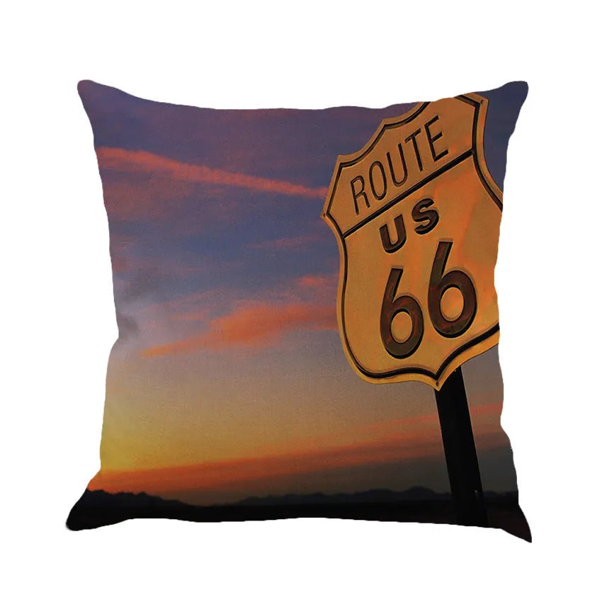 Linen cushion cover with US Route 66 scenic landscape print, shown in one of six available colours.