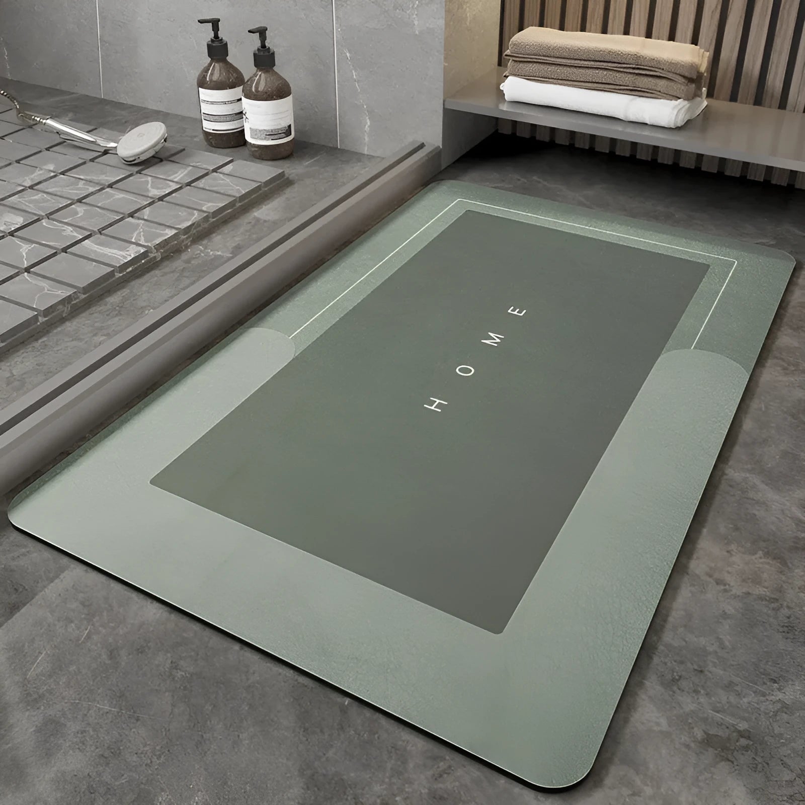 Blended fabric bathroom floor mat in blue, available in oval and rectangular shapes