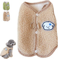 Green coral fleece dog vest with a metal leash ring on the back, shown on a small dog.