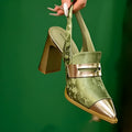 Black Korean style women's sandals with a chunky block heel, pointed toe, and an elastic strap across the instep