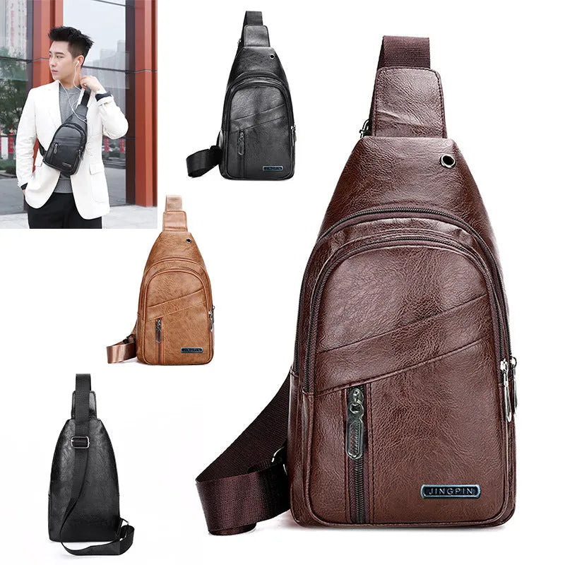 Men's multi-layer waterproof PU crossbody shoulder bag in urban simplicity style, available in black