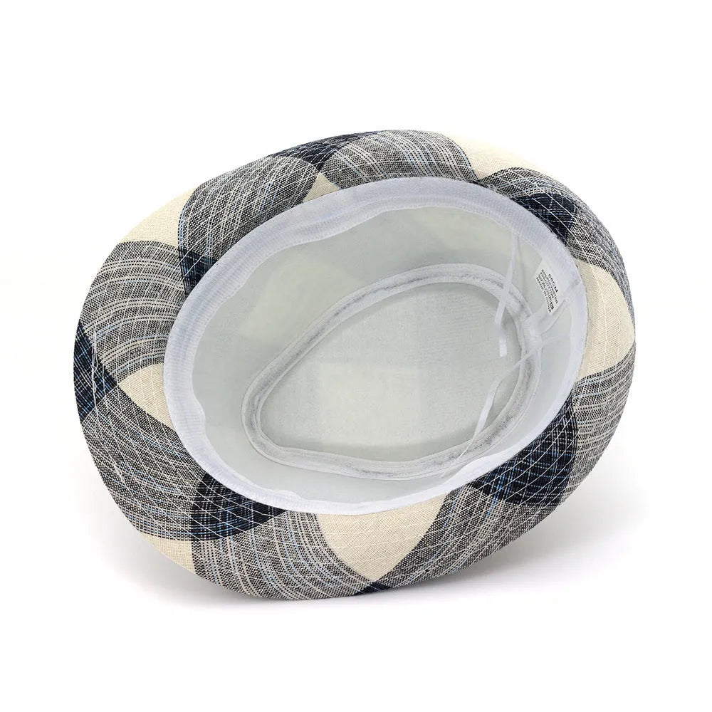 Blue and black polyester straw sun hat with bell crown for outdoor travel sun protection.