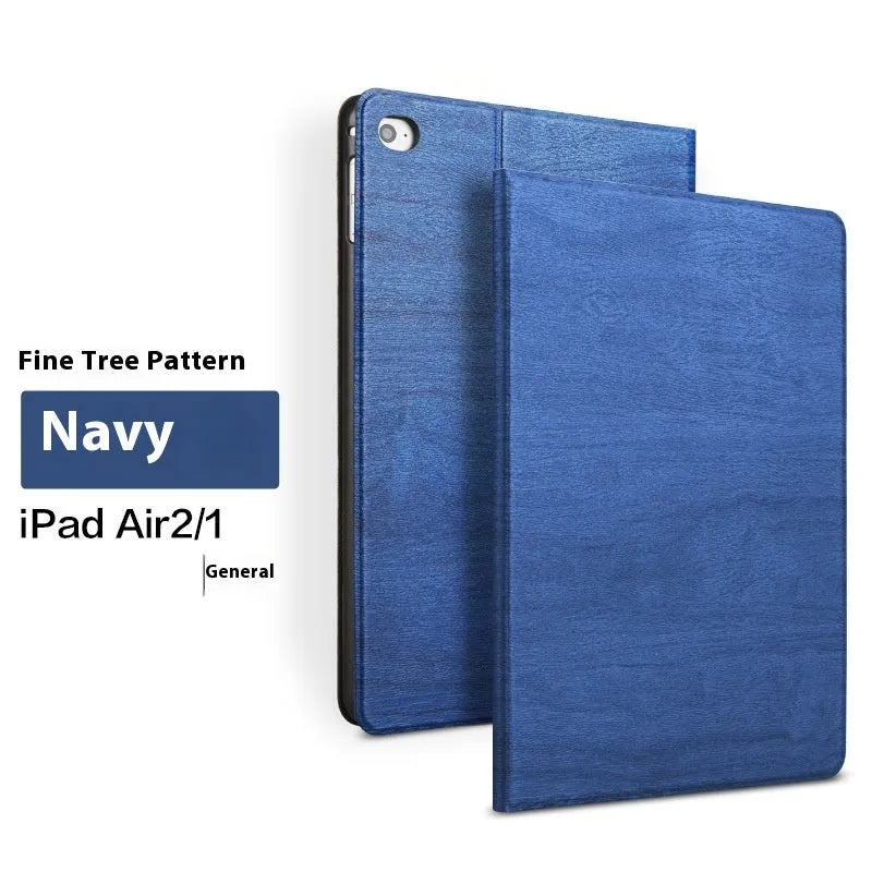 Universal iPad protective cover with sleep bracket in imitation leather, shown in sapphire blue and black colour options