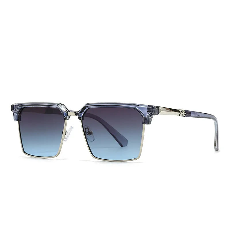 Men's square plastic sunglasses in six colour options on a white background.
