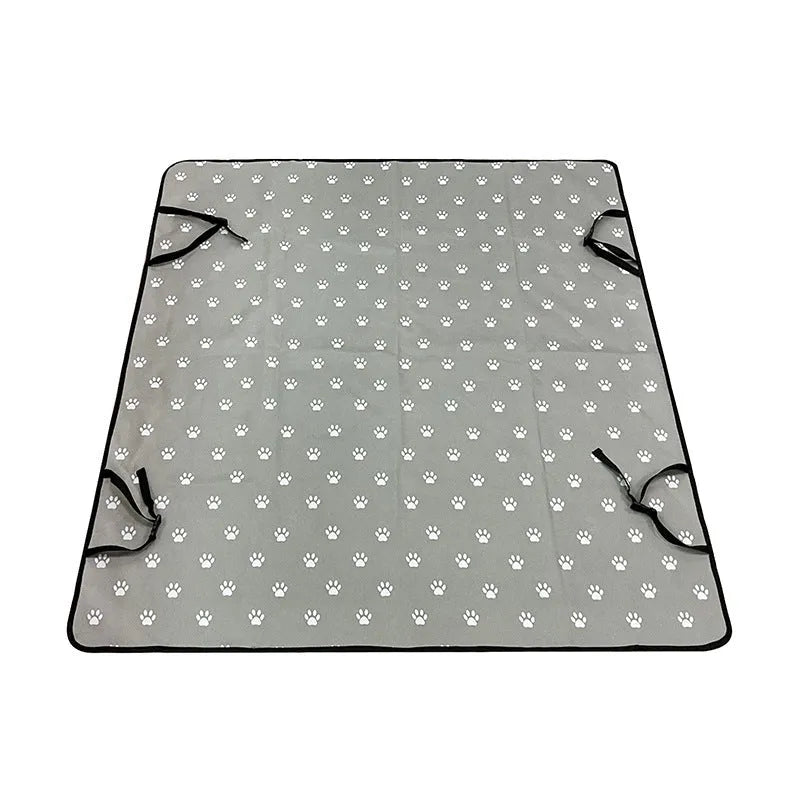 Cloth car pet mat for rear seat protection, shown in a dog bone print design on a grey background.