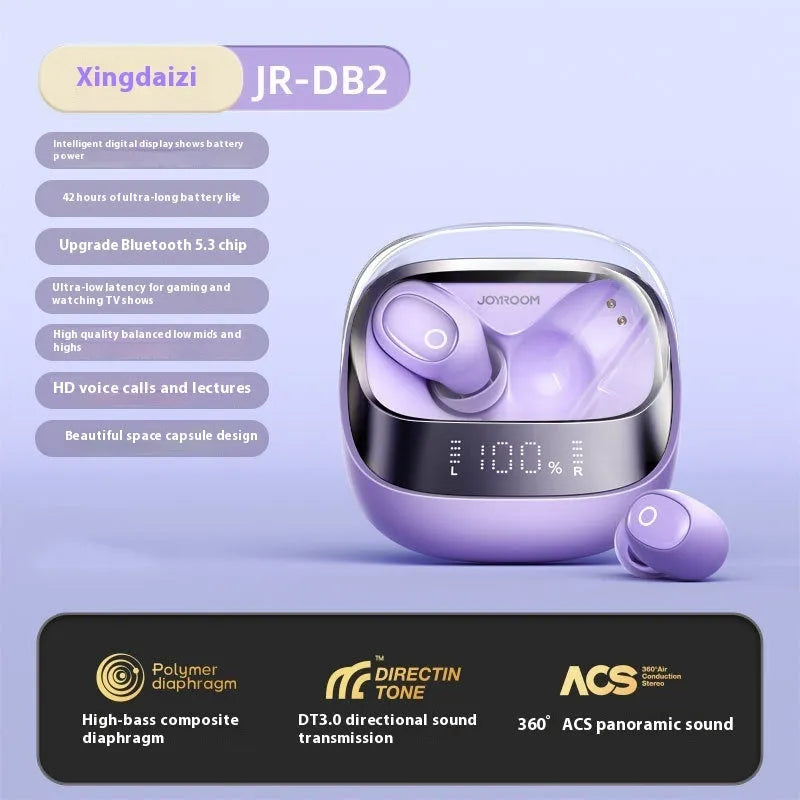 Wireless Bluetooth 5.3 in-ear earbuds with charging case in Dawn White, Starry Sky Black, or Purple.