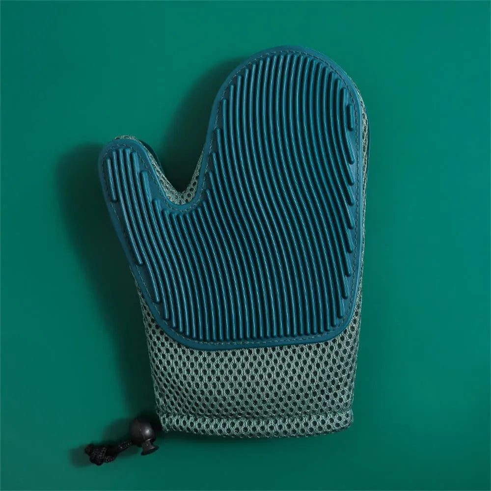 Right-handed pet hair removal glove in blue, green, or yellow for grooming dogs and cats.