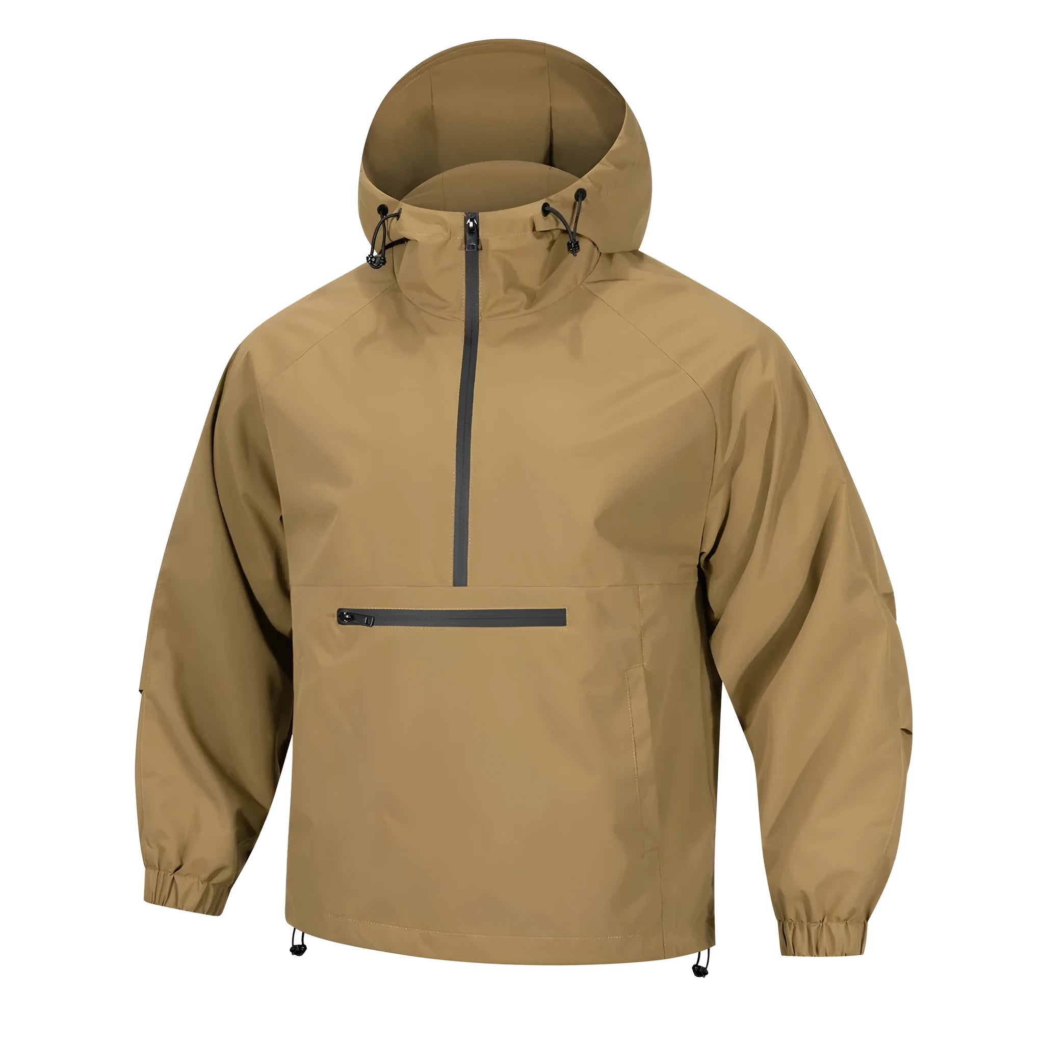 Man wearing a light grey loose half-zip hooded corduroy jacket with rabbit fur, Korean style.