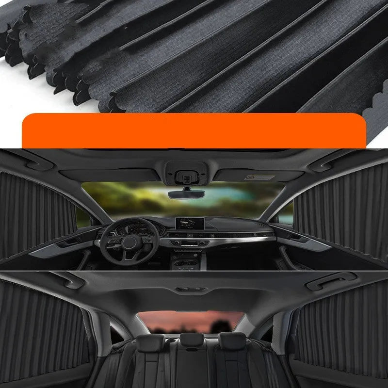 Auto retractable car sun curtain in thick opaque cloth with roller shutter suspension
