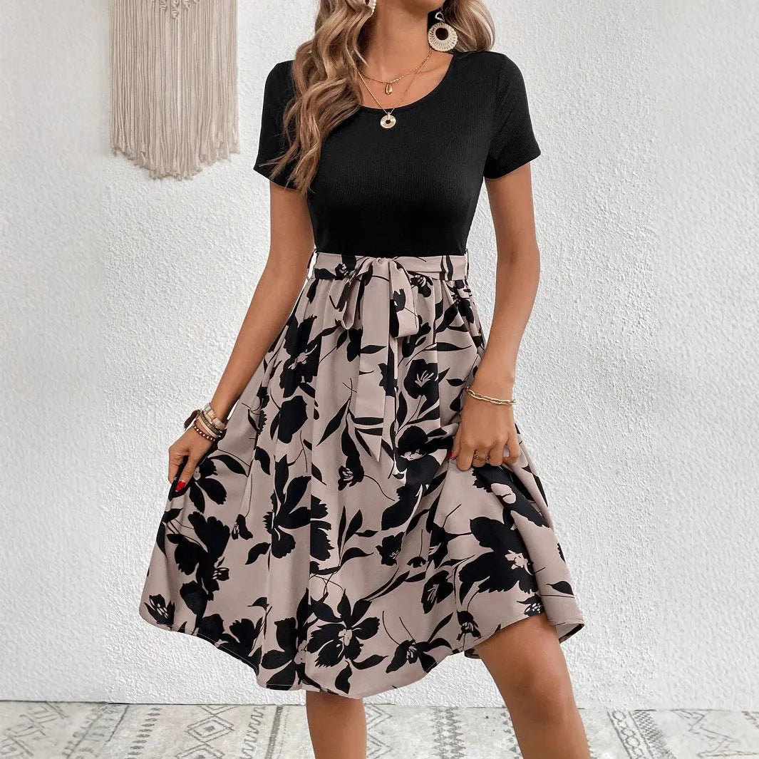 Women's khaki floral print A-line dress with shoulder strap and regular sleeves