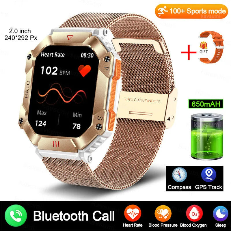 Android smart watch with GPS on wrist, showing titanium alloy case and black camouflage strap.