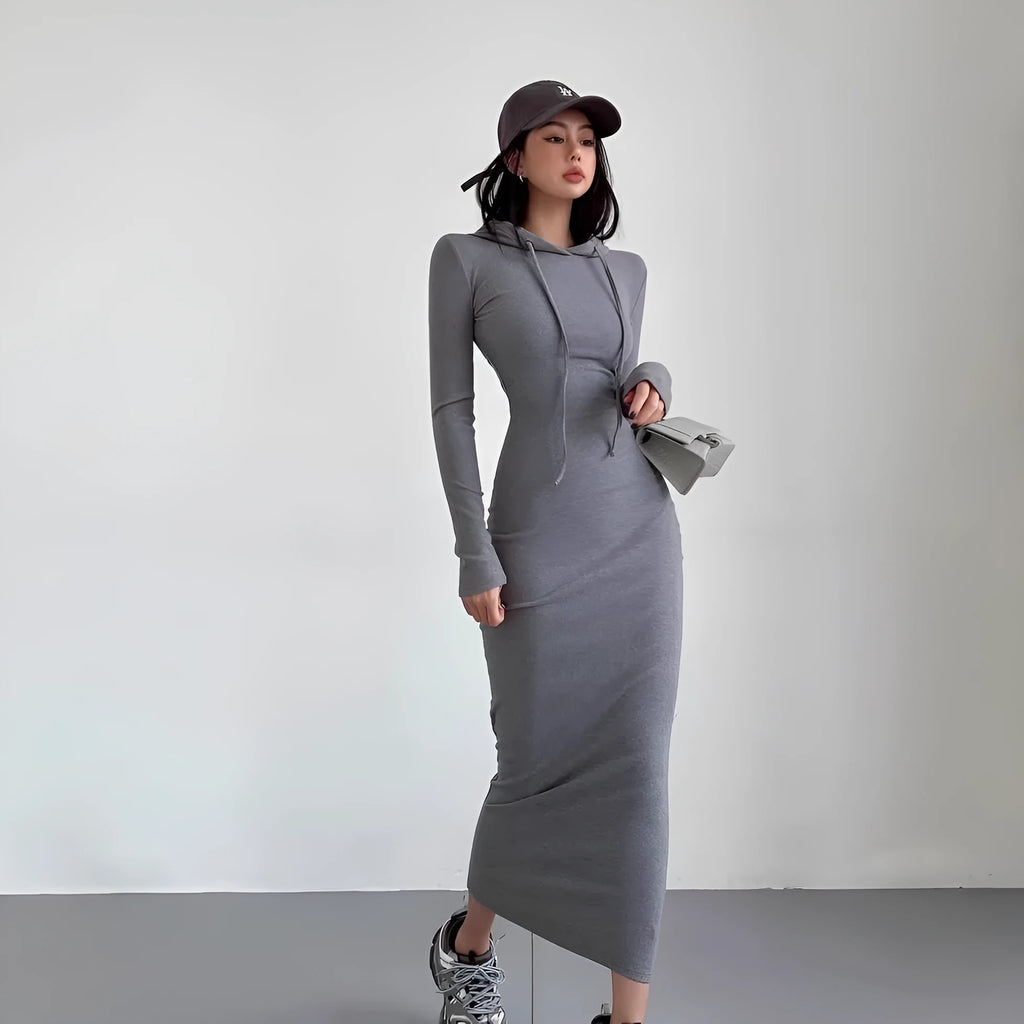 Women's grey hooded sleeve sheath dress with over-the-knee length and high waist design