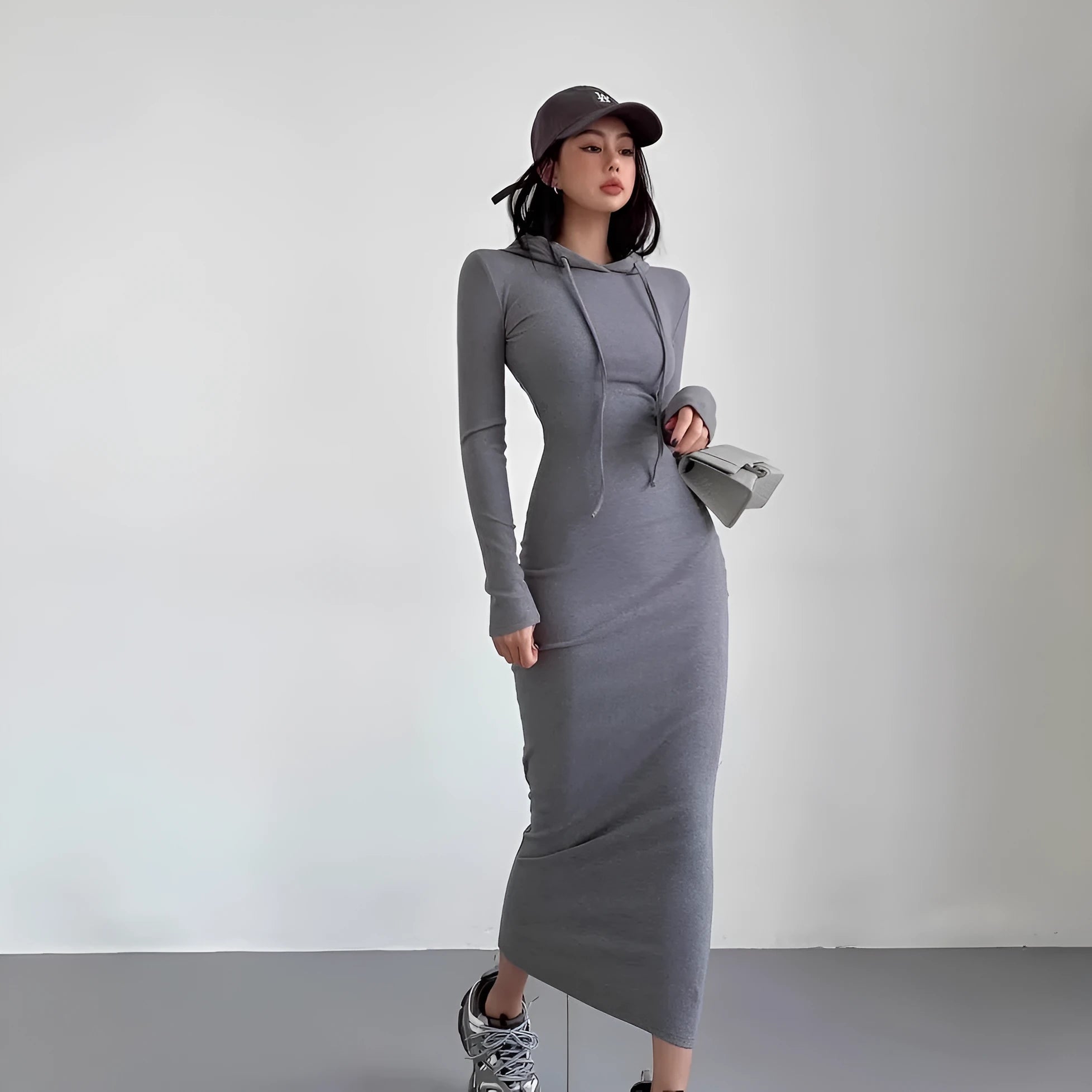 Women's grey hooded sleeve sheath dress with over-the-knee length and high waist design