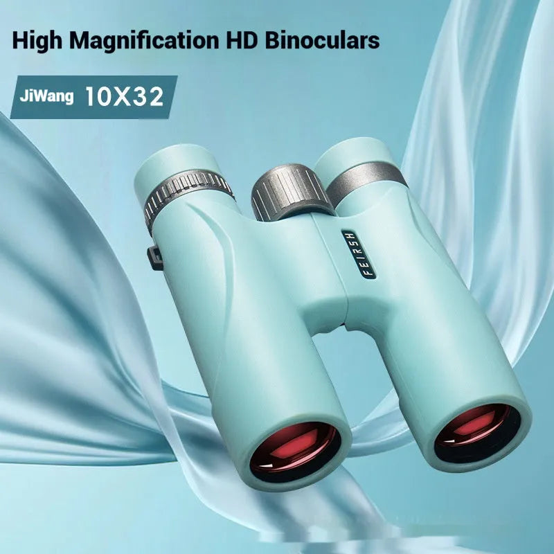 Blue and grey 10x32 plastic binoculars with wine red film imaging on the lenses.