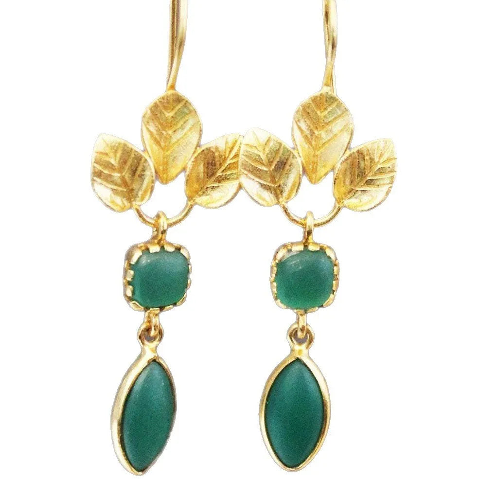 Gold-coloured drop earrings with French leaves design and water drop zircon stones on a copper base.