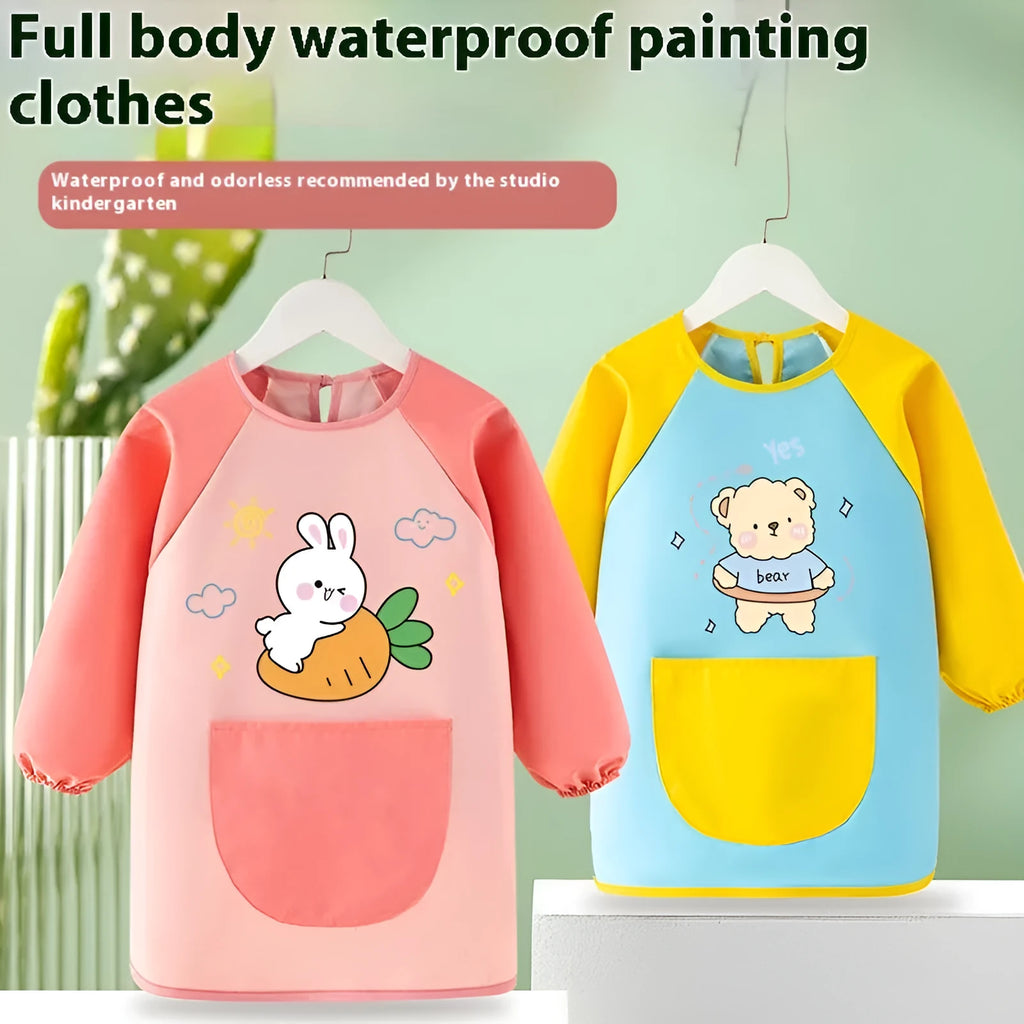 Children's waterproof painting apron with cartoon design in pink rabbit pattern, polyester fabric, inside-out style