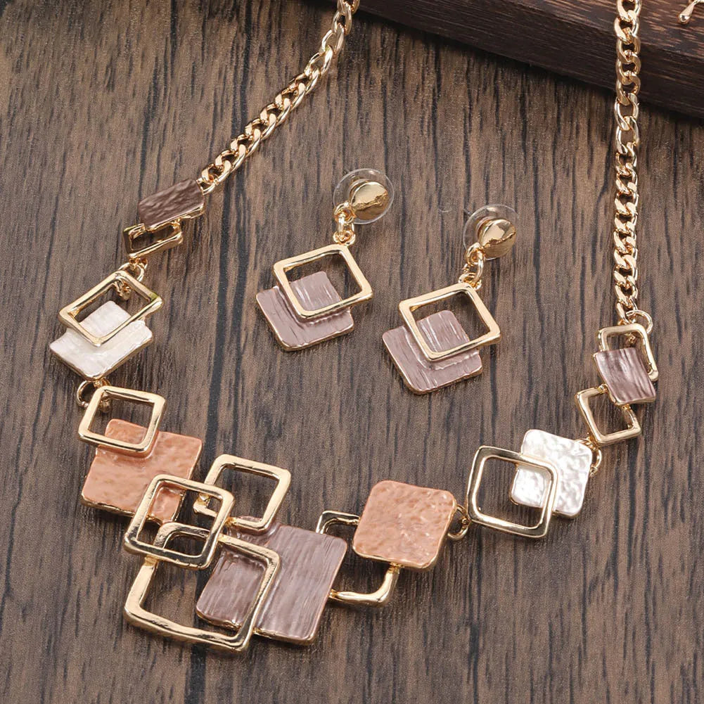Zinc alloy geometric square hollow necklace and earrings kit with curb chain and dripping oil colour finish for women