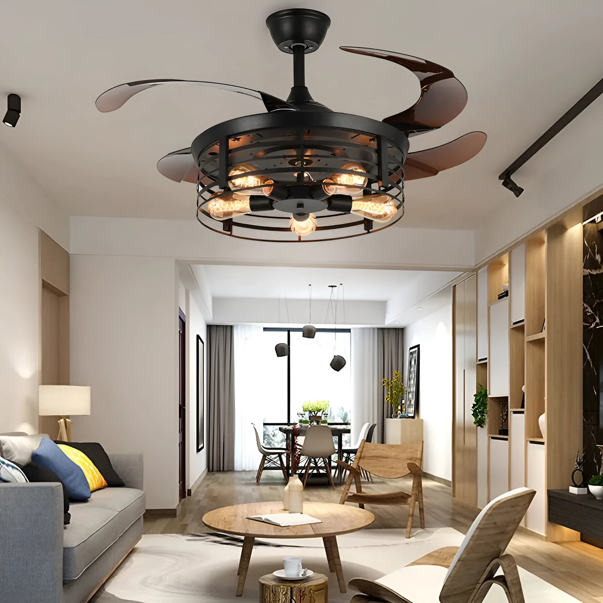 Industrial retro ceiling fan lamp with integrated light and acrylic blades, remote control included.