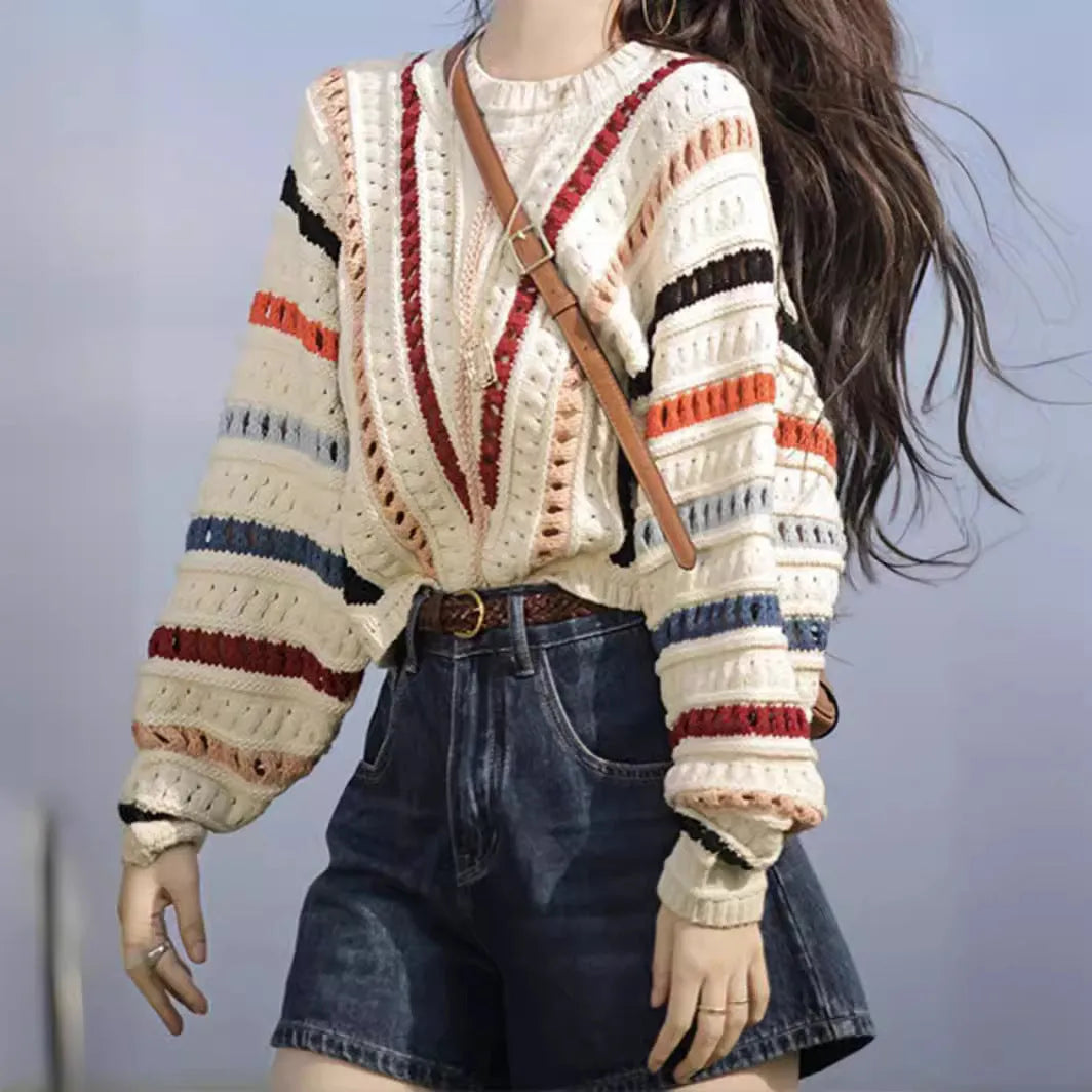 Rainbow striped hollow knit jumper with batwing sleeves and round neck