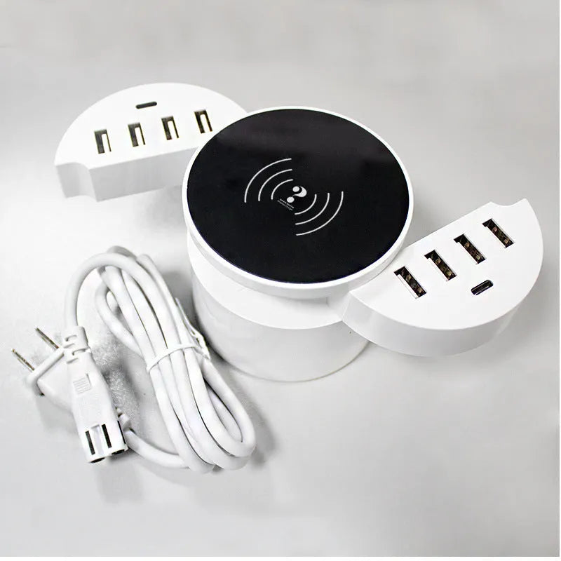 Circular white multi-port wireless charger with USB ports and international plug adapters