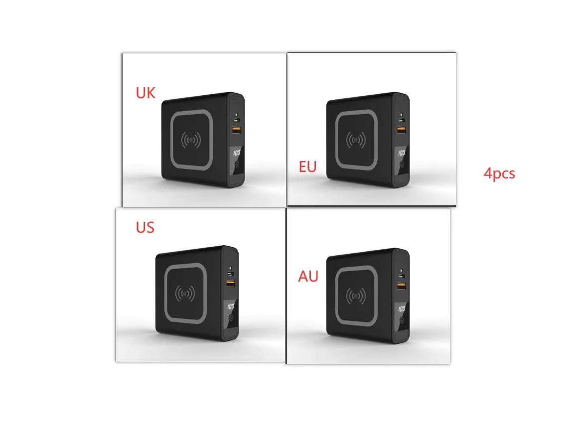 Black and white 10000mAh power bank with QI wireless charging and a set of international plug adapters