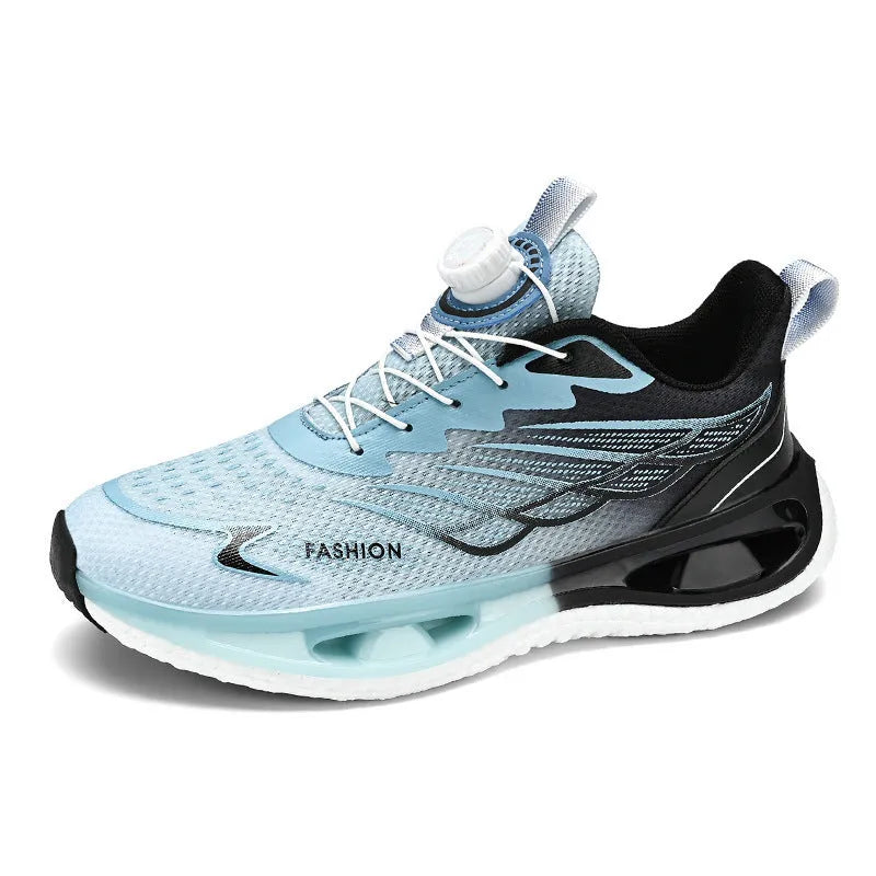 Youth casual sneaker with rotating button closure in light blue mesh and a non-slip rubber sole