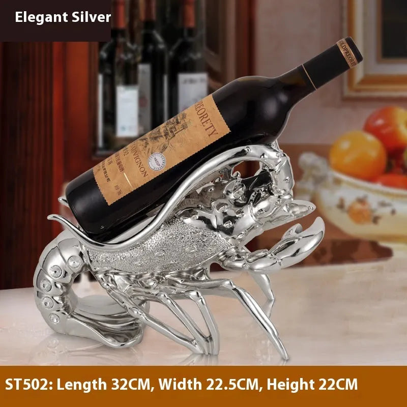 Lobster-shaped wine rack ornament in rose gold or elegant silver finish holding wine bottle