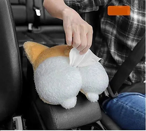 Yellow soft corgi butt-shaped tissue box cover with elastic strap for car sun visor