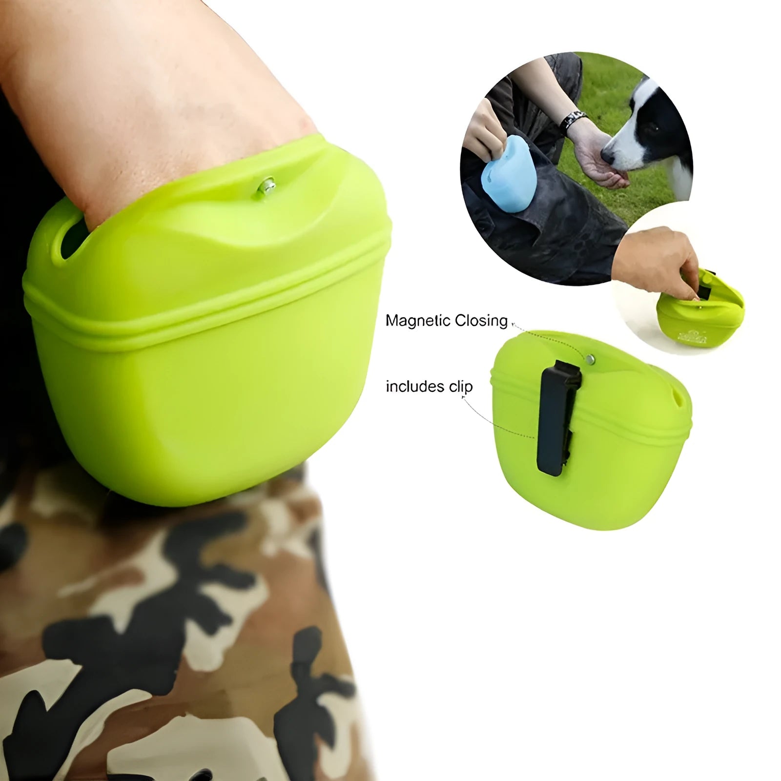 A silicone dog training treat pouch with a clip and magnetic closure, shown in one of six colour options.