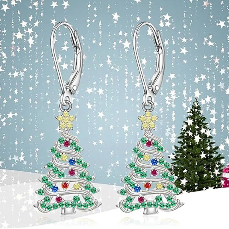Women's copper Christmas tree earrings with star-shaped pendant and white gold colour finish