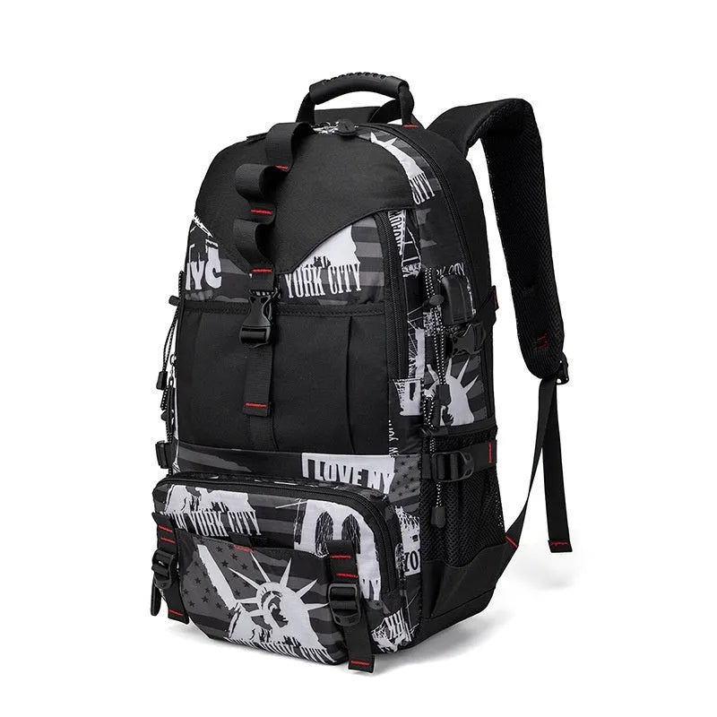 Men's large waterproof Oxford cloth hiking backpack in multiple colour options on a neutral background.