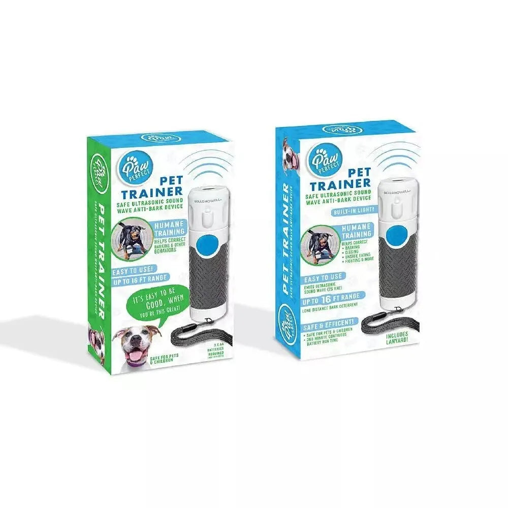 White handheld ultrasonic dog trainer device for bark control on a plain background.