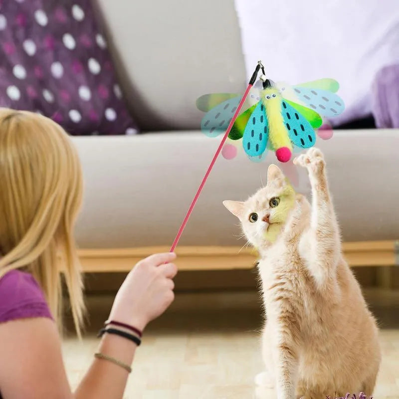 Blue cat wand toy with a dragonfly-shaped attachment and bell on a 49cm stick