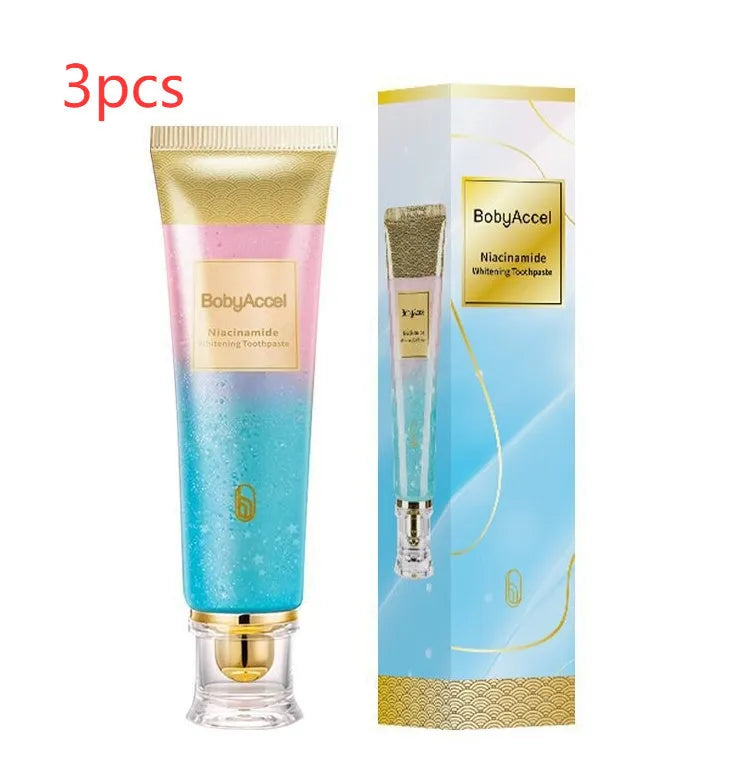 White and blue tube of nicotinamide whitening toothpaste for adults, 100g net content.