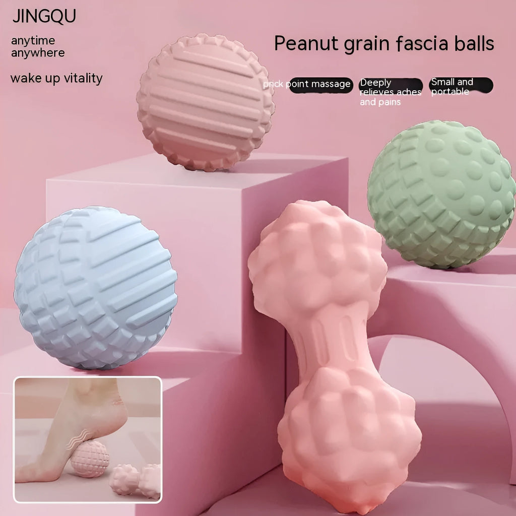A 6cm diameter TPR foot massage ball shown in one of four colour options: pink, blue, green, or purple.