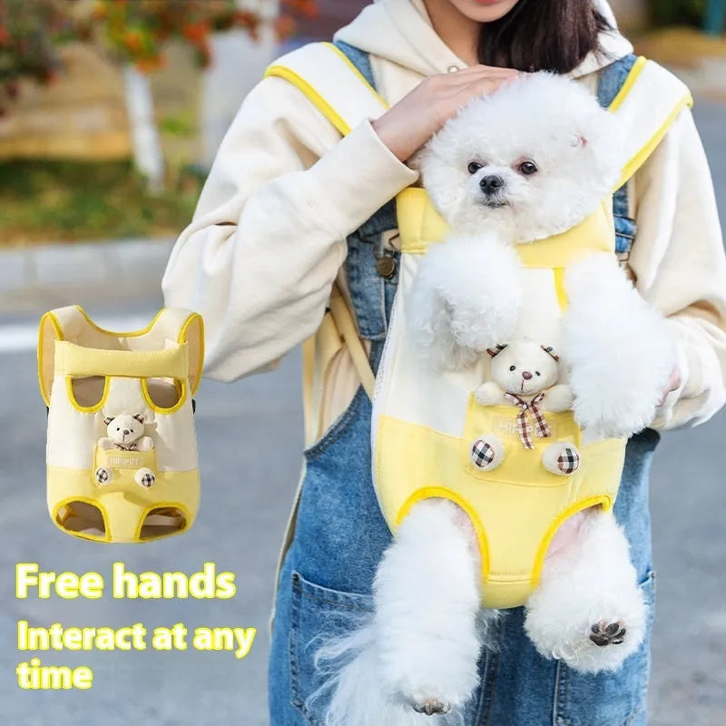 Cartoon animal pattern pet chest bag with adjustable ribbon straps in multiple colour variations