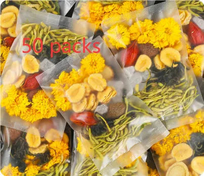 Box of honeysuckle chrysanthemum tea with 15 individual sachets, net weight 150g.