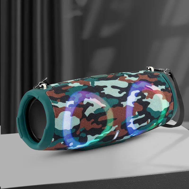 War Drum portable Bluetooth speaker with RGB coloured lights in multiple colour options on a strap.