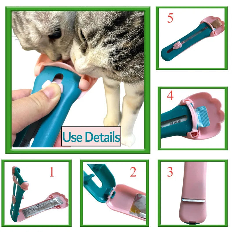 Green and pink pet food squeezer feeder with attached spoon for dispensing liquid and dry food