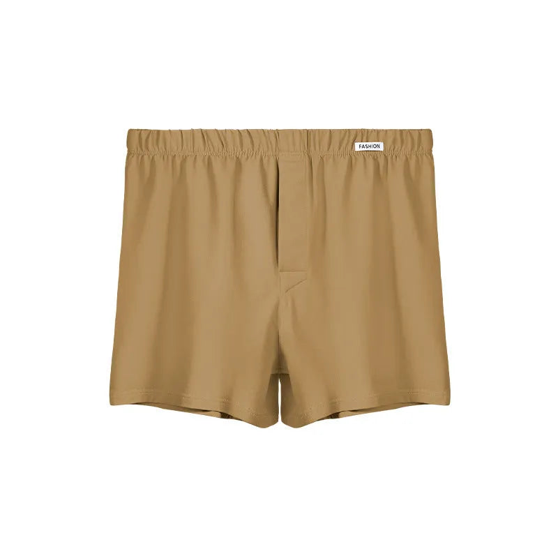 Men's loose-fitting cotton boxer shorts in solid colours: gold, green, sea blue, light grey with mid-waist design