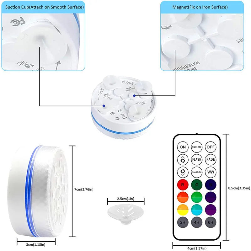 Remote control and a small cylindrical IP68 waterproof diving light with colour changing LEDs for aquariums.