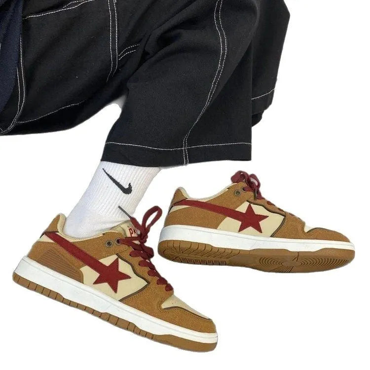Brown women's low-top platform sneakers with round toe and sequin trim details
